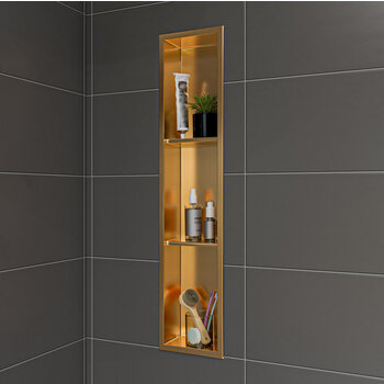ALFI brand ABNP0836-BG 8'' x 36'' Vertical Triple Shelf Shower Niche, 36'' W x 8'' D x 4'' H, Brushed Gold Vertical Triple Shelf, Installed Angle View