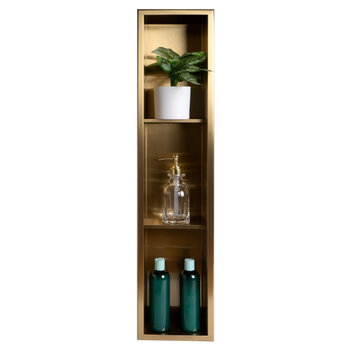 ALFI brand ABNP0836-BG 8'' x 36'' Vertical Triple Shelf Shower Niche, 36'' W x 8'' D x 4'' H, Brushed Gold Vertical Triple Shelf, Front In Use View