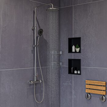 ALFI brand 12'' x 12'' Brushed Black PVD Stainless Steel Square Single Shelf Shower Niche, Lifestyle Angle View