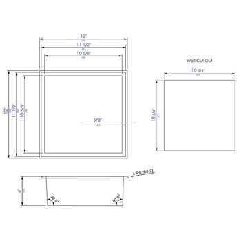 ALFI brand ABNP1212-BC 12'' x 12'' Square Single Shelf Shower Niche, 12'' W x 12'' D x 4'' H, 12'' x 12'' Brushed Copper Single Shelf, Dimensions