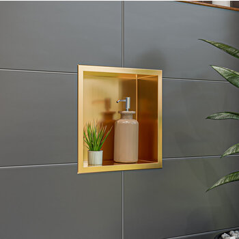 ALFI brand ABNP1212-BG 12'' x 12'' Square Single Shelf Shower Niche, 12'' W x 12'' D x 4'' H, 12'' x 12'' Brushed Gold Single Shelf, Installed Angle View