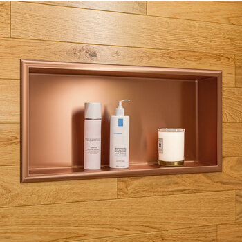 ALFI brand ABNP2412-BC 24'' x 12'' Horizontal Single Shelf Shower Niche, 24'' W x 12'' D x 4'' H, 24'' x 12'' Brushed Copper Single Shelf, Installed Angle View