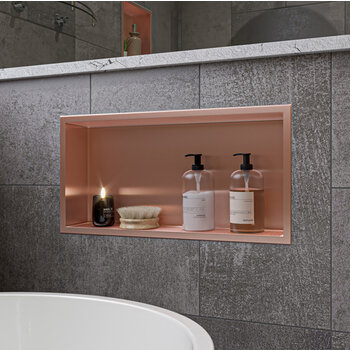 ALFI brand ABNP2412-BC 24'' x 12'' Horizontal Single Shelf Shower Niche, 24'' W x 12'' D x 4'' H, 24'' x 12'' Brushed Copper Single Shelf, Lifestyle Angle View