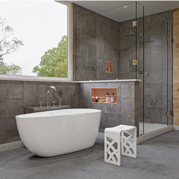 ALFI brand ABNP2412-BC 24'' x 12'' Horizontal Single Shelf Shower Niche, 24'' W x 12'' D x 4'' H, 24'' x 12'' Brushed Copper Single Shelf, Lifestyle Angle In Use View
