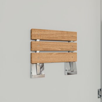 ALFI brand 16'' Folding Teak Wood Shower Seat Bench with Square Wall Mounted Brackets, Teak Seat w/ Chrome Brackets Folded Angle View