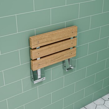 ALFI brand 16'' Folding Teak Wood Shower Seat Bench with Square Wall Mounted Brackets, Teak Seat w/ Chrome Brackets Folded View