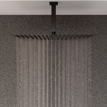 ALFI brand Square Ceiling Shower Arm, Black Matte In Use Bathroom Close Up View
