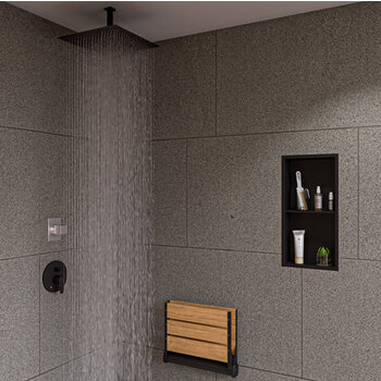 ALFI brand Square Ceiling Shower Arm, Black Matte In Use Shower Angle View