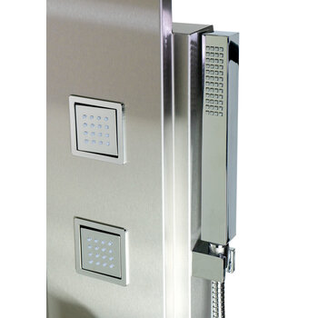 ALFI brand Modern Shower Panel with 4 Body Sprays in Brushed Stainless Steel, Close Up View