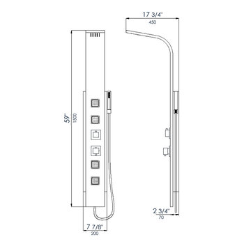 ALFI brand Modern Shower Panel with 4 Body Sprays, Dimensions Drawing
