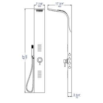 ALFI brand Shower Panel with 2 Body Sprays, Dimensions Drawing