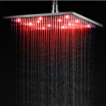 Alfi brand 12'' Square Multi Color LED Rain Shower Head, 11-3/4'' W x 11-3/4'' D x 3/8'' H, Brushed Nickel, Installed On View, Red