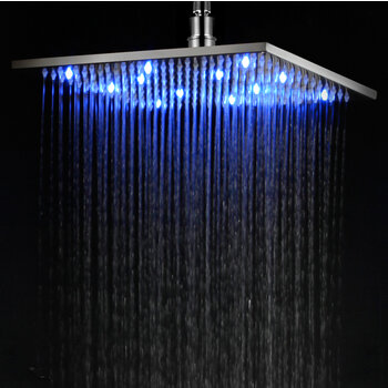 Alfi brand 12'' Square Multi Color LED Rain Shower Head, 11-3/4'' W x 11-3/4'' D x 3/8'' H, Brushed Nickel, Installed On View, Blue