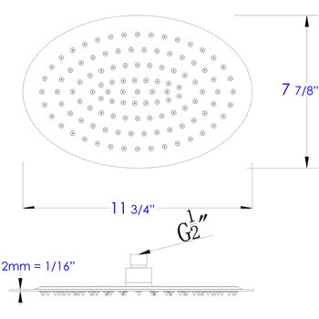 Alfi brand 12'' Oval Brushed Solid Ultra Thin Rain Shower Head, Dimensions