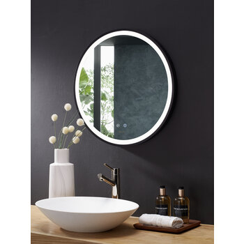 Ancerre Designs Cirque 24'' Round LED Black Framed Mirror with Defogger and Dimmer, 110V, 6000K Color Temperature, LED On Angle View