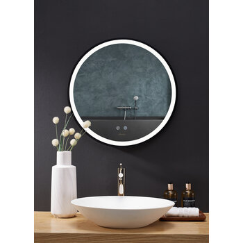 Ancerre Designs Cirque 24'' Round LED Black Framed Mirror with Defogger and Dimmer, 110V, 6000K Color Temperature, LED On Front View