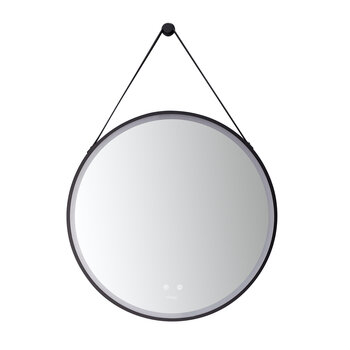Ancerre Designs Sangle 24'' Round LED Black Framed Mirror with Defogger and Vegan Leather Strap, 110V, 6000K Color Temperature, Product View