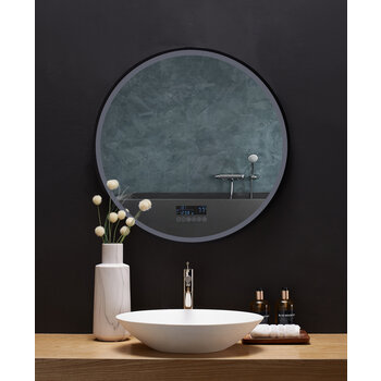 Ancerre Designs Cirque 30'' Round LED Black Framed Mirror with Bluetooth, Defogger, and Digital Display, 110V, 2800 & 6000K Color Temperature, LED Off Front View