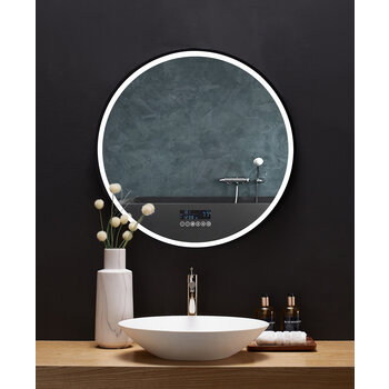 Ancerre Designs Cirque 30'' Round LED Black Framed Mirror with Bluetooth, Defogger, and Digital Display, 110V, 2800 & 6000K Color Temperature, LED On Front View