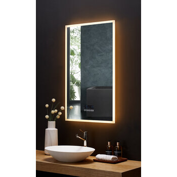 Ancerre Designs Immersion 24'' W x 40'' H LED Frameless Mirror with Bluetooth, Defogger, and Digital Display, 110V, 2800 & 6000K Color Temperature, LED On Warm Angle View