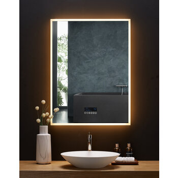 Ancerre Designs Immersion 30'' W x 40'' H LED Frameless Mirror with Bluetooth, Defogger, and Digital Display, 110V, 2800 & 6000K Color Temperature, LED On Warm Front View