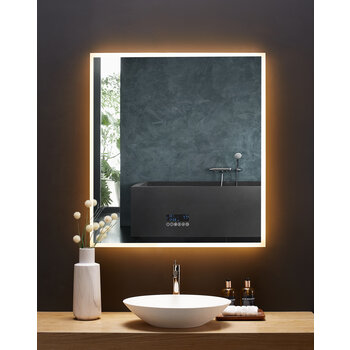 Ancerre Designs Immersion 36'' W x 40'' H LED Frameless Mirror with Bluetooth, Defogger, and Digital Display, 110V, 2800 & 6000K Color Temperature, LED On Warm Front View