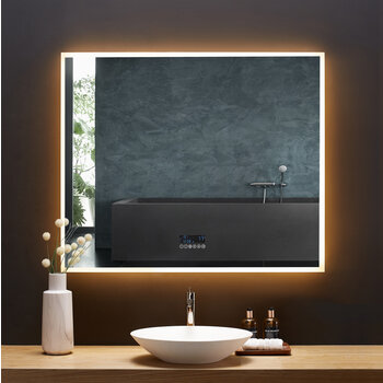 Ancerre Designs Immersion 48'' W x 40'' H LED Frameless Mirror with Bluetooth, Defogger, and Digital Display, 110V, 2800 & 6000K Color Temperature, LED On Warm Front View
