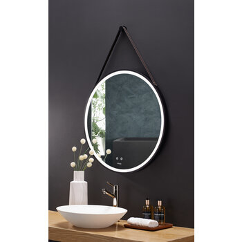 Ancerre Designs Sangle 24'' Round LED Black Framed Mirror with Defogger and Vegan Leather Strap, 110V, 6000K Color Temperature, Angle View