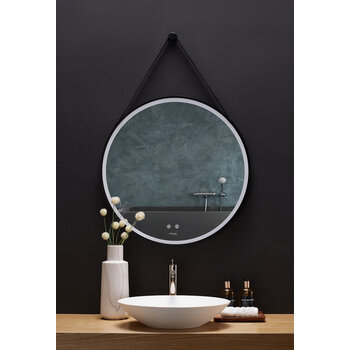 Ancerre Designs Sangle 24'' Round LED Black Framed Mirror with Defogger and Vegan Leather Strap, 110V, 6000K Color Temperature, LED On Front View