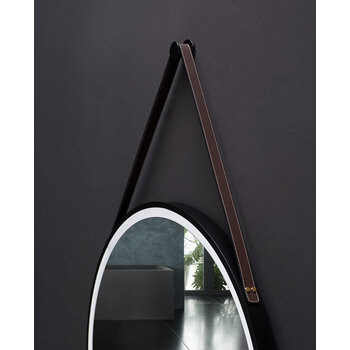 Ancerre Designs Sangle 24'' Round LED Black Framed Mirror with Defogger and Vegan Leather Strap, 110V, 6000K Color Temperature, Strap View