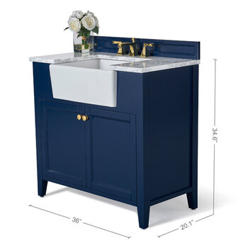 Ancerre Designs Adeline 36'' Bath Vanity in Heritage Blue with Italian Carrara White Marble Vanity Top and White Undermount Farmhouse Basin with Gold Hardware, 36''W x 20-1/8''D x 34-5/8''H