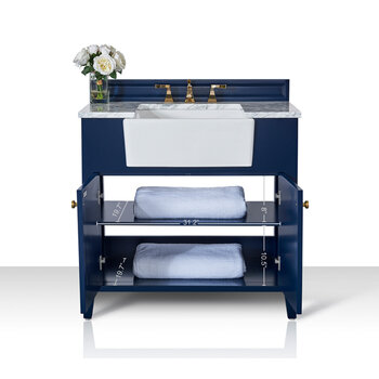 Ancerre Designs Adeline 36'' Bath Vanity in Heritage Blue with Italian Carrara White Marble Vanity Top and White Undermount Farmhouse Basin with Gold Hardware, 36''W x 20-1/8''D x 34-5/8''H
