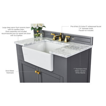 Ancerre Designs Adeline 36'' Bath Vanity in Sapphire Gray with Italian Carrara White Marble Vanity Top and White Undermount Farmhouse Basin with Gold Hardware, 36''W x 20-1/8''D x 34-5/8''H