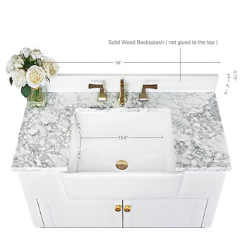 Ancerre Designs Adeline 36'' Bath Vanity in White with Italian Carrara White Marble Vanity Top and White Undermount Farmhouse Basin with Gold Hardware, 36''W x 20-1/8''D x 34-5/8''H