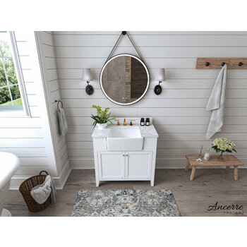 Ancerre Designs Adeline 36'' Bath Vanity in White with Italian Carrara White Marble Vanity Top and White Undermount Farmhouse Basin with Gold Hardware, 36''W x 20-1/8''D x 34-5/8''H