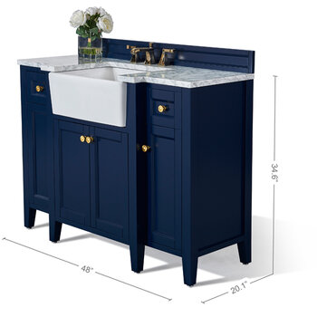 Ancerre Designs Adeline 48'' Bath Vanity in Heritage Blue with Italian Carrara White Marble Vanity Top and White Undermount Farmhouse Basin with Gold Hardware, 48''W x 20-1/8''D x 34-5/8''H