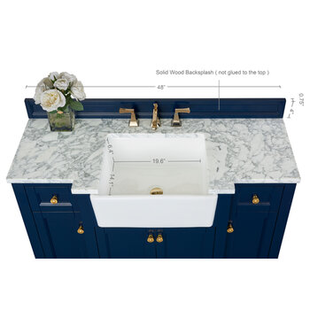 Ancerre Designs Adeline 48'' Bath Vanity in Heritage Blue with Italian Carrara White Marble Vanity Top and White Undermount Farmhouse Basin with Gold Hardware, 48''W x 20-1/8''D x 34-5/8''H