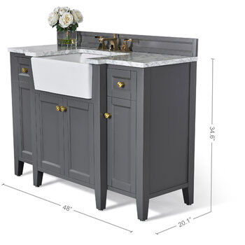 Ancerre Designs Adeline 48'' Bath Vanity in Sapphire Gray with Italian Carrara White Marble Vanity Top and White Undermount Farmhouse Basin with Gold Hardware, 48''W x 20-1/8''D x 34-5/8''H
