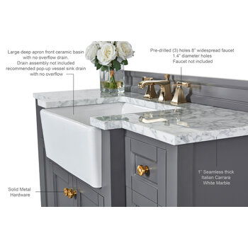 Ancerre Designs Adeline 48'' Bath Vanity in Sapphire Gray with Italian Carrara White Marble Vanity Top and White Undermount Farmhouse Basin with Gold Hardware, 48''W x 20-1/8''D x 34-5/8''H