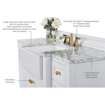 Ancerre Designs Adeline 48'' Bath Vanity in White with Italian Carrara White Marble Vanity Top and White Undermount Farmhouse Basin with Gold Hardware, 48''W x 20-1/8''D x 34-5/8''H