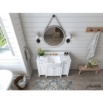 Ancerre Designs Adeline 48'' Bath Vanity in White with Italian Carrara White Marble Vanity Top and White Undermount Farmhouse Basin with Gold Hardware, 48''W x 20-1/8''D x 34-5/8''H