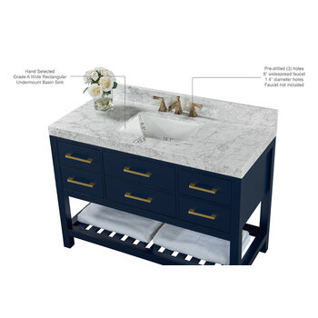 Ancerre Designs Elizabeth 48'' Bath Vanity in Heritage Blue with Italian Carrara White Marble Vanity top and White Undermount Basin with Gold Hardware, 48''W x 22''D x 34-1/2''H