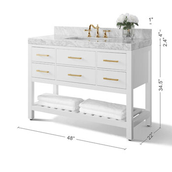 Ancerre Designs Elizabeth 48'' Bath Vanity in White with Italian Carrara White Marble Vanity top and White Undermount Basin with Gold Hardware, 48''W x 22''D x 34-1/2''H