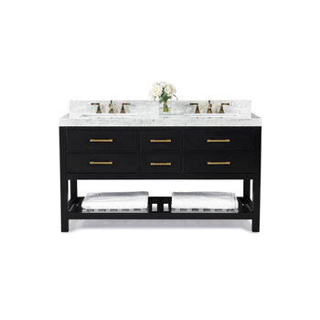 Ancerre Designs Elizabeth 60'' Double Sink Bath Vanity in Black Onyx with Italian Carrara White Marble Vanity top and (2) White Undermount Basins with Gold Hardware, 60''W x 22“D x 34-1/2''H