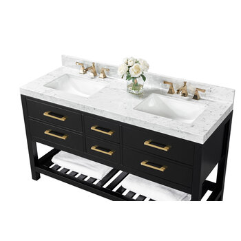 Ancerre Designs Elizabeth 60'' Double Sink Bath Vanity in Black Onyx with Italian Carrara White Marble Vanity top and (2) White Undermount Basins with Gold Hardware, 60''W x 22“D x 34-1/2''H