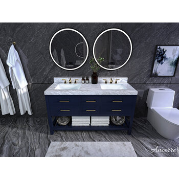 Ancerre Designs Elizabeth 60'' Double Sink Bath Vanity in Heritage Blue with Italian Carrara White Marble Vanity top and (2) White Undermount Basins with Gold Hardware, 60''W x 22“D x 34-1/2''H