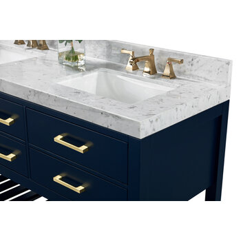 Ancerre Designs Elizabeth 60'' Double Sink Bath Vanity in Heritage Blue with Italian Carrara White Marble Vanity top and (2) White Undermount Basins with Gold Hardware, 60''W x 22“D x 34-1/2''H