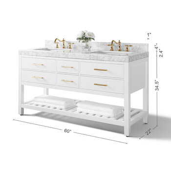 Ancerre Designs Elizabeth 60'' Double Sink Bath Vanity in White with Italian Carrara White Marble Vanity top and (2) White Undermount Basins with Gold Hardware, 60''W x 22“D x 34-1/2''H