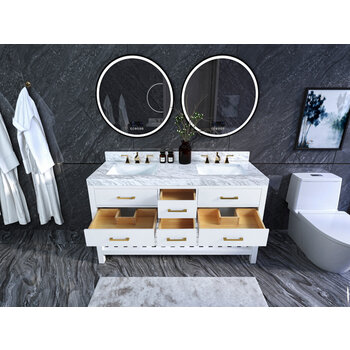 Ancerre Designs Elizabeth 60'' Double Sink Bath Vanity in White with Italian Carrara White Marble Vanity top and (2) White Undermount Basins with Gold Hardware, 60''W x 22“D x 34-1/2''H