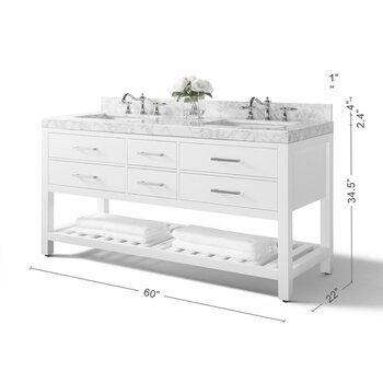 Ancerre Designs Elizabeth 60'' Double Sink Bath Vanity in White with Italian Carrara White Marble Vanity top and (2) White Undermount Basins, 60''W x 22“D x 34-1/2''H
